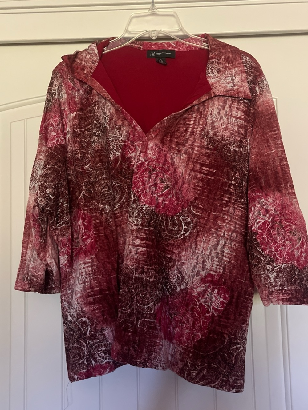 INC Burgundy and Pink Marbled V-Neck Tunic